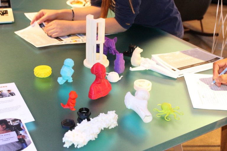These objects were 3D-printed at the Kenan Science Library makerspace and shown at Blue.