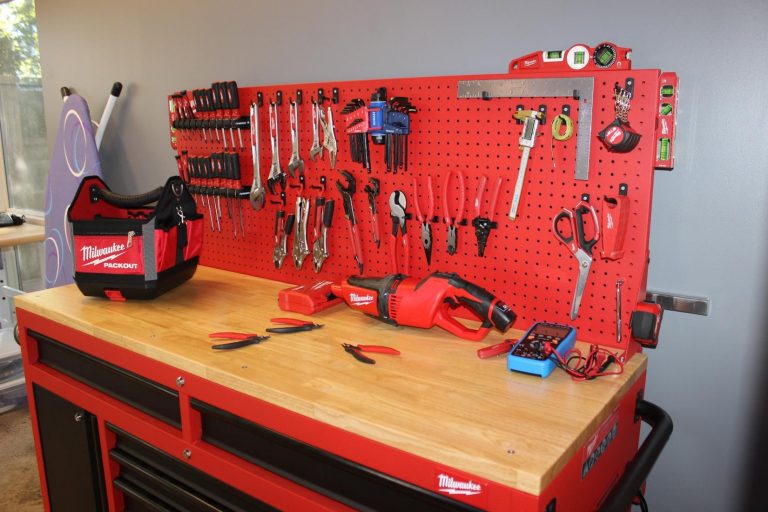 One of Carmichael's workbenches, which includes a variety of hand tools.