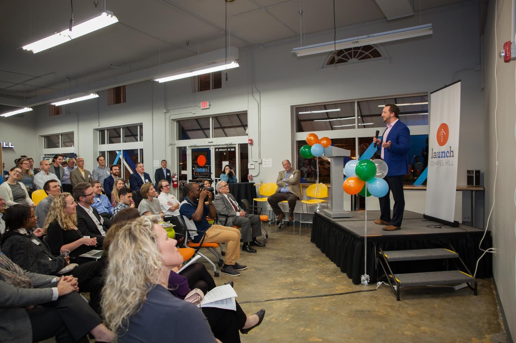 Local officials, university leaders, area entrepreneurs and residents gather for a celebration of Launch Chapel Hill's first five years of supporting startups in Chapel Hill and Orange County.