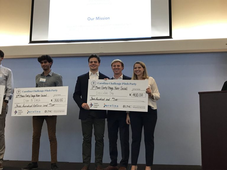 Dissolve-Tex (1st Place, Early-Stage Social): A technology that rapidly dissolves flushed tampons, solving the problem of clogged and damaged sewer lines, which cost millions of dollars a year.